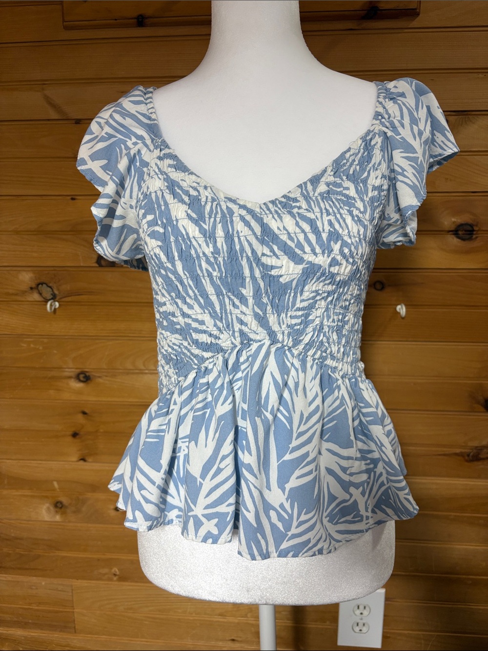 Japna Light Blue & White Smocked Peplum Blouse